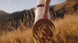 A woman in a white outfit holding a burnt orange hat by Will & Bear in a golden wheat field.