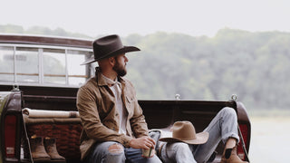 Man and woman in straw hat standing in front of vintage car by Will & Bear Hat Co.