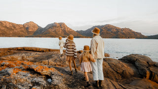 Woman and her kids wearing winter wool bucket hat by Will & Bear, rocky mountain in the distance