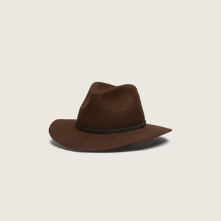 Anderson Brown wide brim fedora hat on white background, angled view