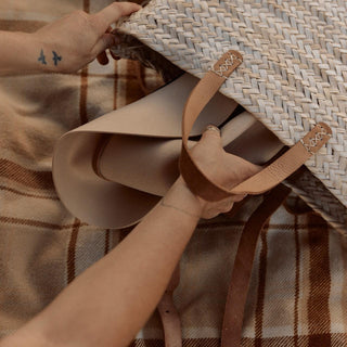 Flat lay of Anderson Cream hat packing within  woven bag and scarf