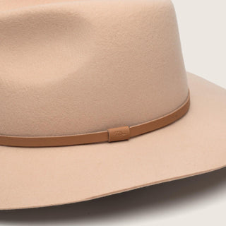 Close-up detail of Anderson Cream wool hat showing leather band and texture