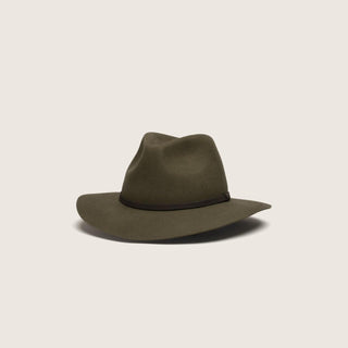 Anderson Olive wide brim fedora hat on white background, angled view