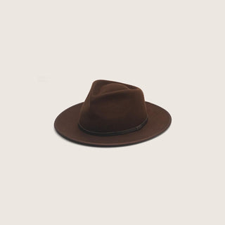 Calloway Dark Brown wide brim fedora hat on white background, angled side view