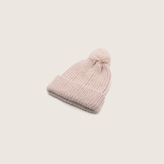 Side view of Will & Bear off white chunky knit beanie with soft texture and pom pom detail