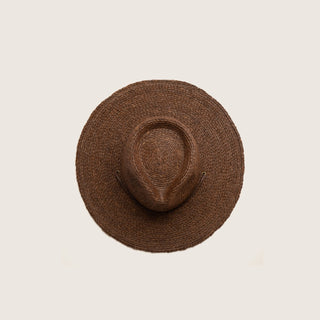 Top view of Will & Bear Brown Straw Wide Brim Hat Austin Brown showcasing structured crown and wide woven brim