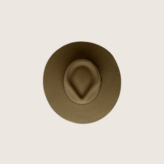 Top-down view of Will & Bear Wide Brim Country Hat highlighting teardrop crown shape and structured finish.