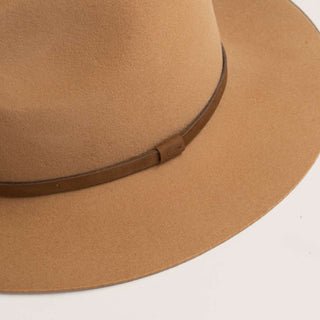 Close-up view of Will & Bear Anderson Camel Floppy Felt Fedora, highlighting soft felt and leather hatband