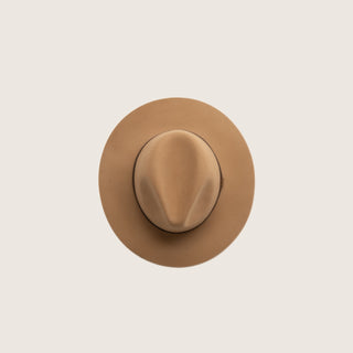 Top view of Will & Bear Anderson Camel Floppy Felt Fedora showcasing teardrop crown and wide floppy brim