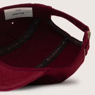 Interior detail of Will & Bear Archie Maroon 5-Panel Vintage Cap showing sweatband and adjustable back strap