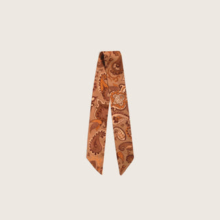 Will & Bear Hat Scarf Hazel laid flat on a neutral background, showing length and full paisley pattern in earthy tones.