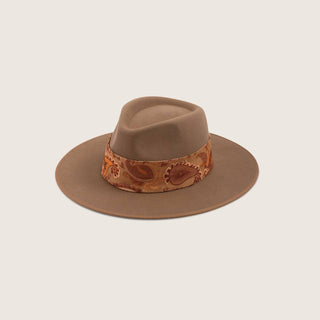 Will & Bear Hat Scarf Hazel wrapped around a wide brim hat, shown on a neutral background with a warm-toned paisley print.