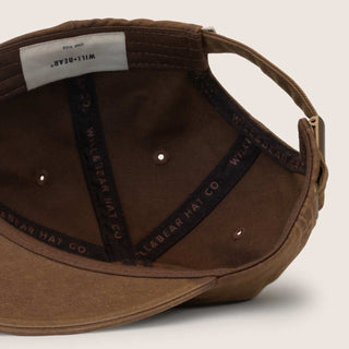 Inside View of Will & Bear Ranger Brown Vintage 5-Panel Cap – Branded Tape and Cotton Canvas Lining.