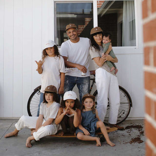 Family Wearing Will & Bear Ranger Brown Vintage 5-Panel Caps – Casual Organic Cotton Headwear for All.
