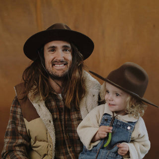 Father and child wearing matching Will & Bear Woodley Auburn scout hats – wool felt, lanyard design, eco-friendly materials.