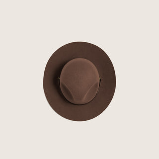 Top view of Will & Bear Woodley Auburn wool scout hat featuring built-in lanyard and pinched crown.