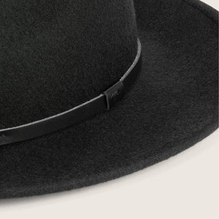 Close-up detail of Will & Bear William Black fedora – showcasing soft wool texture and classic black hatband.