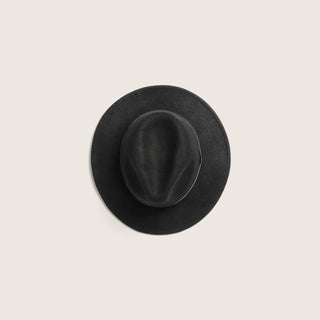 Top-down view of Will & Bear William Black crushable wool fedora hat – lightweight and packable for travel adventures.