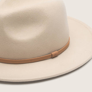Detail view of Will & Bear William Cream felt fedora hat – soft wool felt finish with natural leather band.