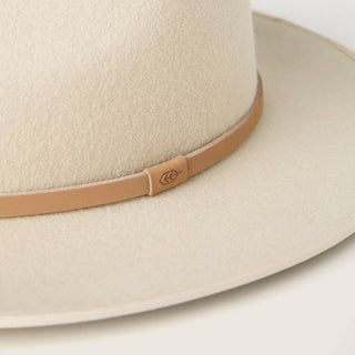 Close-up detail of Will & Bear Little Calloway Cream Kids Fedora showing natural wool texture and branded leather band.