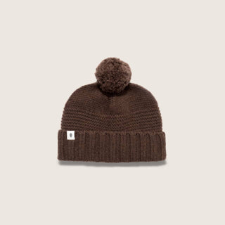 Will & Bear Brown Pom Pom Beanie – Tasman Brown – full front view highlighting classic rib knit and soft wool texture, displayed on neutral background.