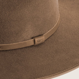Close-up detail of Will & Bear Calloway Tan Brown Wide Brim Fedora showcasing fine wool felt texture