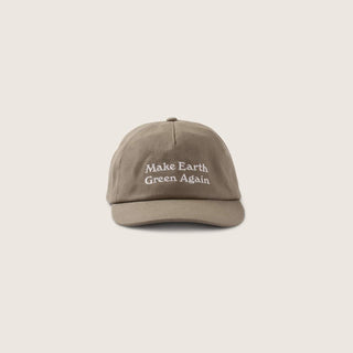 Front-on view of the Will & Bear Earth Cap Recycled Hemp 5-Panel Cap showing full slogan embroidery.