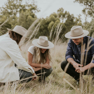 Friends Wearing Will & Bear Percy Eucalyptus Felt Western Hats – Gathered Outdoors in Wool Wide Brim Hats.