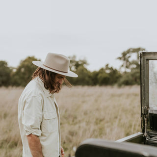 Man Wearing Will & Bear Percy Eucalyptus Felt Western Hat – Australian Wool Hat for Rugged Adventures.