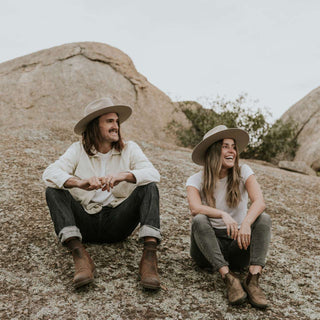 Outdoor Couple Wearing Will & Bear Percy Eucalyptus Felt Western Hats – Wool Hats Built for Adventure.