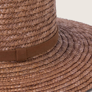 Close-up of the Will & Bear Harvey Amber Women’s Straw Boater showing woven pattern and grosgrain band.