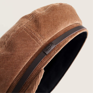 Close-up of the brim and corduroy texture of Will & Bear Kids Newsboy Cap – Little Baker Tan.