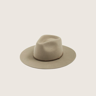 Front View of Will & Bear Percy Eucalyptus Felt Western Hat on Neutral Background – Wide Brim Wool Hat with Leather Band.