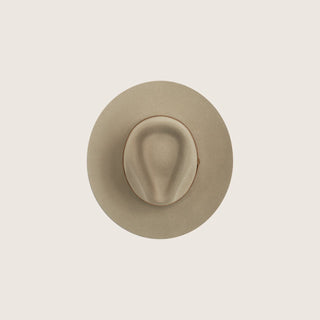Top View of Will & Bear Percy Eucalyptus Felt Western Hat – Pinched Crown and Wide Brim Silhouette.