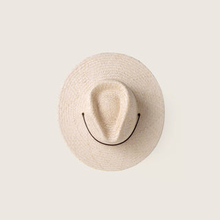 Top view of Will & Bear Rider Bone White Palm Straw Hat featuring wide brim and leather chin strap