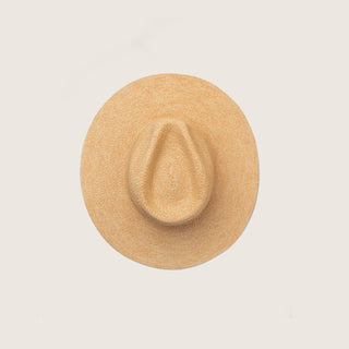 Top view of Will & Bear Wide Brim Straw Hat – Sawyer Sand – highlighting pinched crown and natural straw weave.
