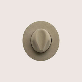 Top view of a sage coloured wide brim floppy hat