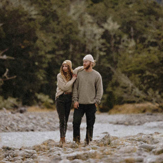 Man and woman dressed in winter clothes wearing Australian wool beanies