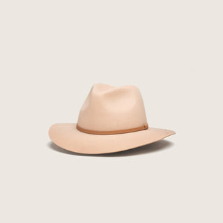 Anderson Cream wide brim fedora hat on white background, angled view