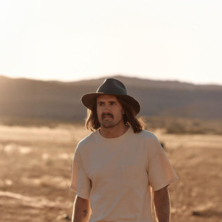 Man standing in the outback wearing Anderson Olive wide brim hat