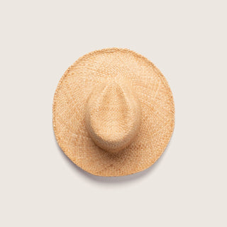 Top view of rustic wide brim straw hat Jude Sand by Will & Bear