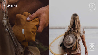 A split image of a hat being packed in a backpack and a woman carrying a hat clipped to her backpack