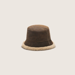 Will & Bear Brown Wool UGG Bucket Hat – Teddy Brown – front view highlighting structured suede exterior and wool shearling trim, displayed on neutral background.