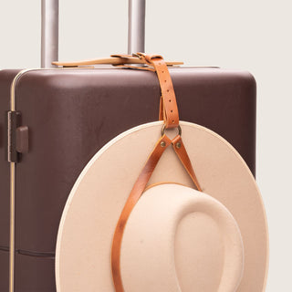 Close-up of leather hat holder on luggage handle