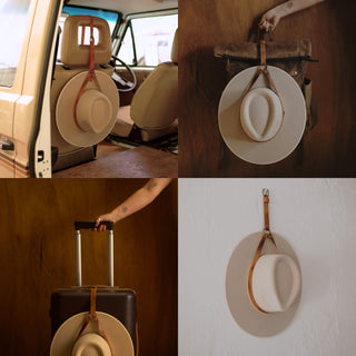 Leather hat holder shown attached to different travel setups
