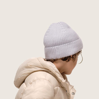 Back and side view of boy wearing Little Bambi Dust Blue Beanie
