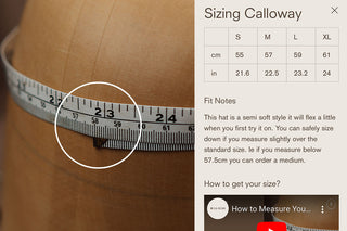 Detail of a size chart to get your hat measurement