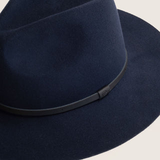 Close-up of Will & Bear Anderson Navy Soft Felt Fedora showing premium felt texture and leather hatband