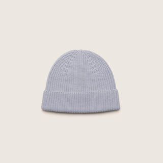 Top view of the Will & Bear Bambi Dust Blue merino wool beanie showing its ribbed knit construction.