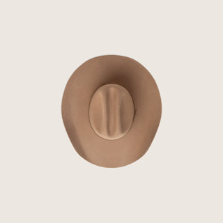 Top view of the Will & Bear Buck Oak brown felt cowboy hat showcasing the cattleman crown shape and wool felt texture.